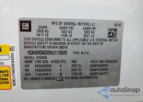 2017 GMC Acadia Limited z USA, uszkodzony, nr VIN 1GKKRSKD0HJ113628